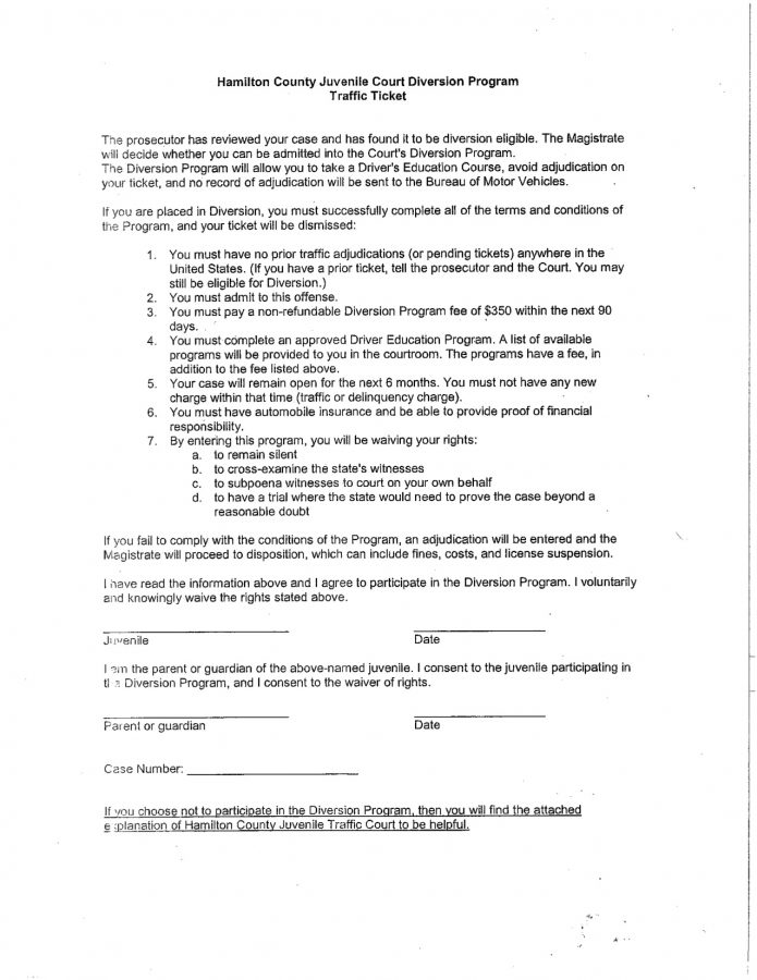 Copy of the Diversion Program agreement which gives the parameters of the program (Hamilton County Juvenile Court). 