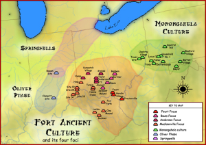 A map of major Fort Ancient historical sights in the Ohio River Valley. The Mariemont earthwork didn't make this map as it wasn't officially discovered yet, but this visual still shows the relevance of Native American culture to our area. (PHOTO BY WIKIPEDIA)