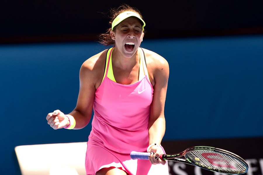 Keys, a 19-year old, reacts after winning a point against veteran Venus Williams. 