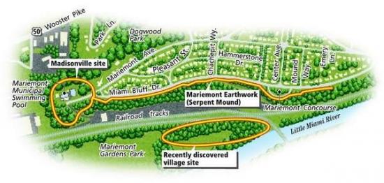 An aerial view of the largest known serpent effigy in the world, the 2,952 feet long serpent mound known as the "Mariemont earthwork". The serpent's head sits on the Madisonville site by the Mariemont Municipal Pool, and runs across the bluff on Miami Bluff Drive, ending just past the Mariemont Concourse. (PHOTO BY GODDESSCHESS)