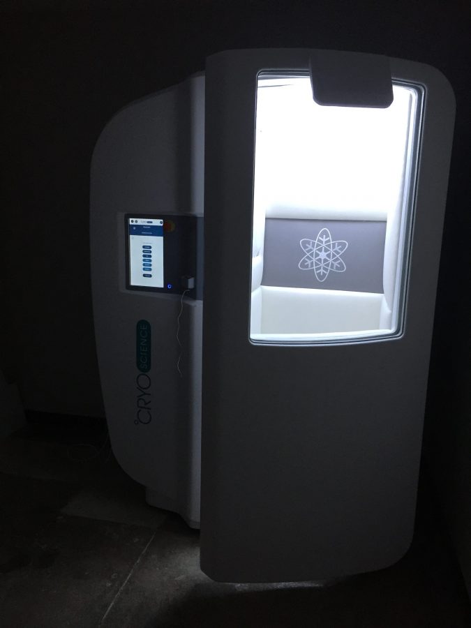 The cryotherapy chamber features an aux cord, allowing users to blast music in the chamber to keep their minds off of the frigid temperatures.
