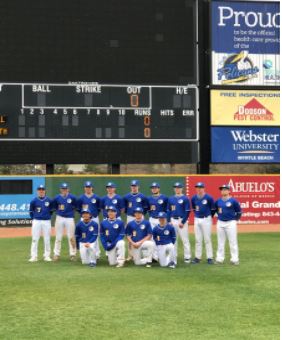 The baseball warriors; (left to right) Gage McClure, Peter Mysogland, Quinn Driggett, Will Kemper, Brad Westmeyer, Shaun Buxsel, Will Woodruff, Dylan Buerger, Michael Rubin, Jacob Mantle, Henry Lewis, Andrew Hall and Tyler Tritsch got the opportunity to play on the Myrtle Beach Pelicans’ field this spring break. (PHOTO BY HANLEY)