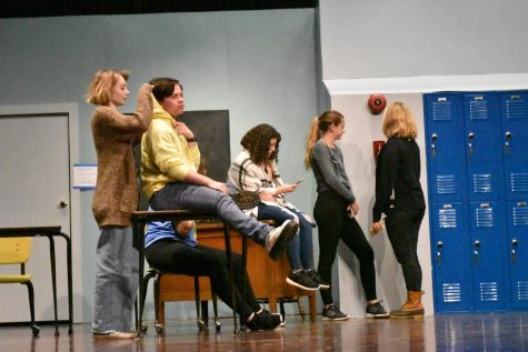 Students performing a week and a day before opening night (November 13) on stage. Pictured Elise Mason (Farm Girl), Chris Wood (The Joker), Kady Rasmussen (The Gossip), Julia McManus (The Actress), and Megan Betts (The Reputation). (PHOTO BY BLACKETT)