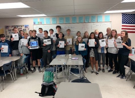 Mr. Hanleys 2nd bell CPUSH (united states history) class holding their Muckraker articles (PHOTO BY MIKE HANLEY)