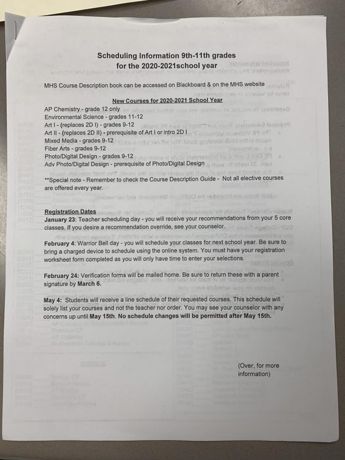 Front page of the scheduling information packet - it was handed out to students during their scheduling meeting. (PHOTO BY SIMPSON)