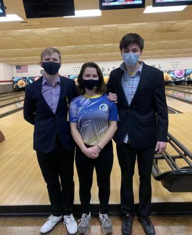 Members of the bowling team during their Senior Match (Left to Right: Zachary Dutro, Michele Tetrault, and Ryan Stahl) (PHOTO FROM @micheletrault)